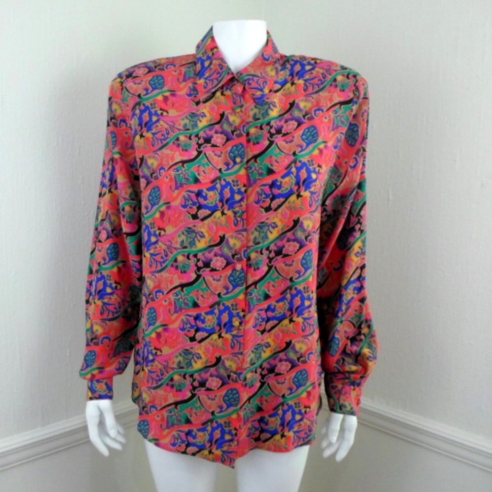 Vintage Christie & Jill 100% Silk Multi Floral Button Up Long Sleeve Shirt